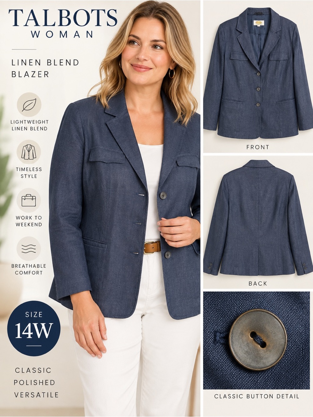 Talbots Woman Blue Linen and Silk Blend Blazer Jacket Plus Size 14W Classic
